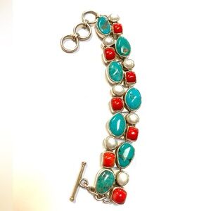 Native American “AK” Vintage Turquoise Coral, Pearl Sterling 925 Bracelet